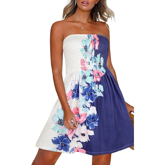 Dress Women's Polyester  Beach Cover Ups Strapless Boho Floral Print Sundress - Picture 1 of 6